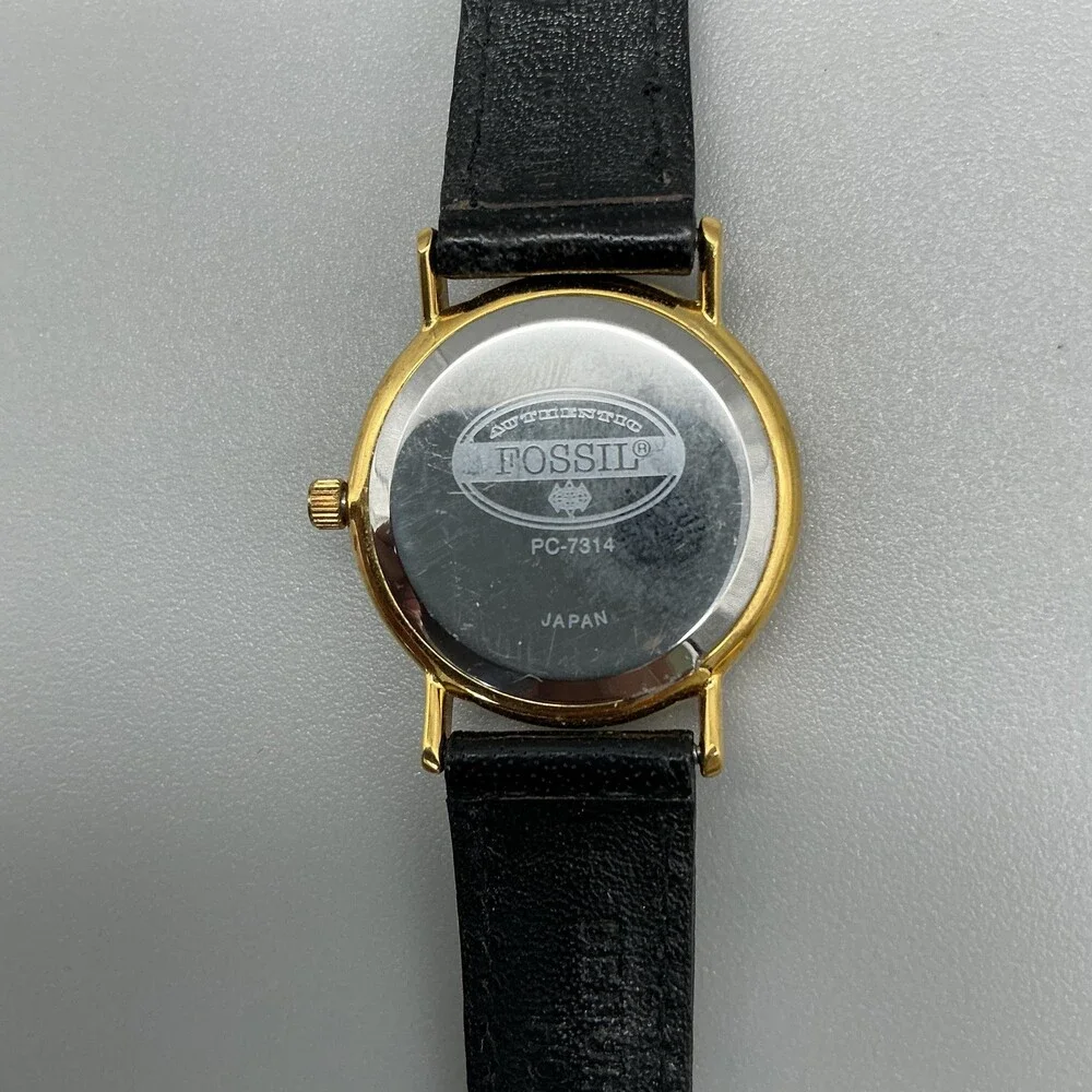 Vintage Fossil PC-7314 Women Watch 26mm Black Dial Gold Tone Rivole New Battery